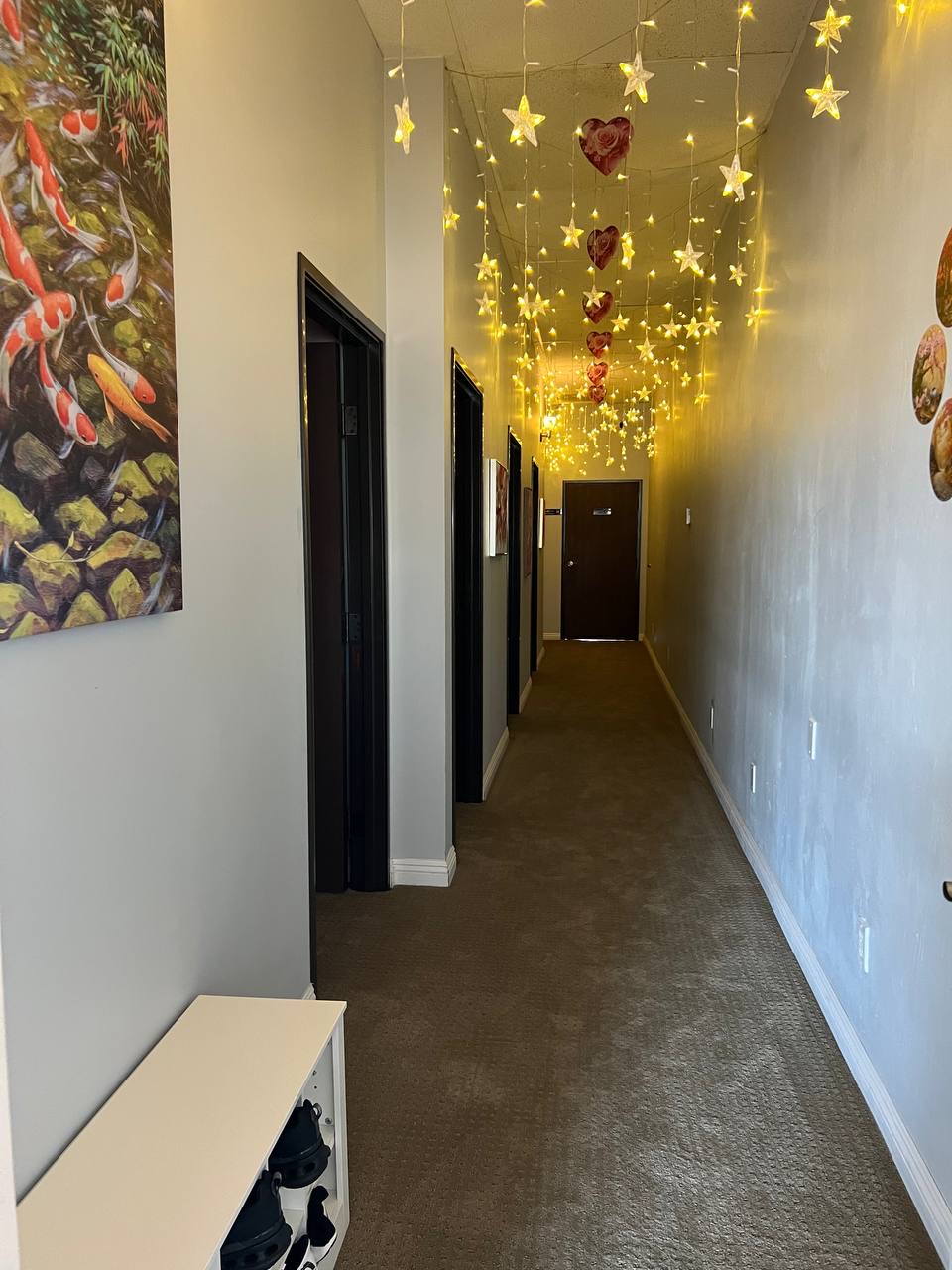 The art-lined hallway with hanging lights